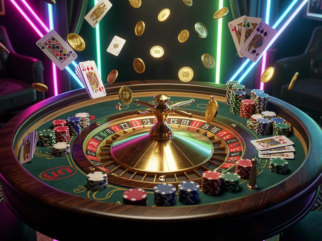 Adegan permainan kasino premium RR899 yang menampilkan meja roulette elegan dengan chip dan kartu, koin emas beterbangan di udara di bawah pencahayaan neon dramatis dalam render 3D beresolusi tinggi
