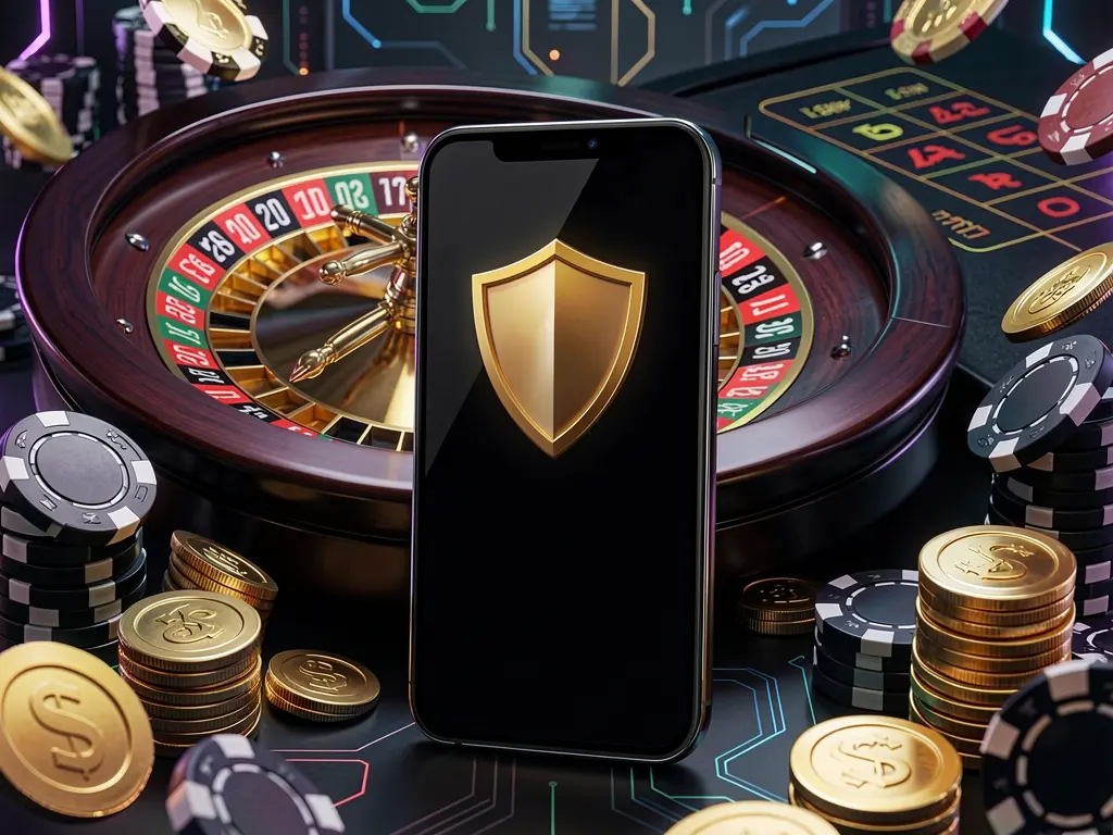 Layar masuk kasino seluler aman RR899 yang menampilkan ponsel dengan ikon perisai, roda roulette, chip poker, dan koin emas dalam suasana kemewahan siber yang gelap