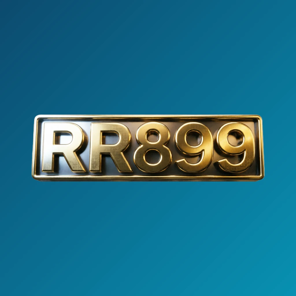 Logo RR899 emas metalik 3D mengilap dengan pencahayaan dramatis, branding kasino premium pada latar belakang transparan, dirancang sebagai tanda kata persegi panjang horizontal lebar untuk header situs web